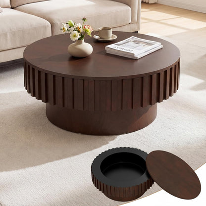 Goflame Round Coffee Table with Storage | Modern Drum Fluted Center Table with Solid Wood Veneered