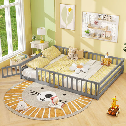 Goflame Floor Bed with Door & Fence Kids Wood Montessori Beds with Safety Guardrails
