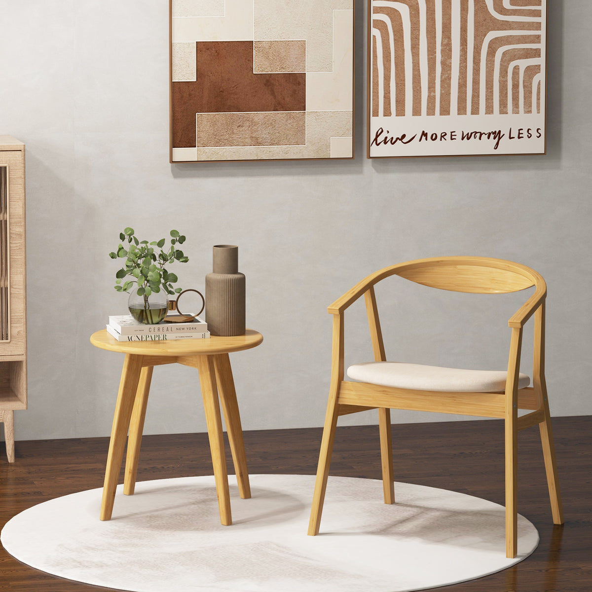 Bamboo Accent Chair, Mid-Century Modern Armchair with Padded Seat, Curved Backrest and Wrap-Around Armrest