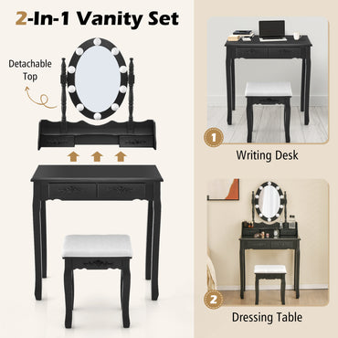 Vanity Table Set with Lighted Rotatable Mirror, Dressing Table with 3-Color Lights & Adjustable Brightness