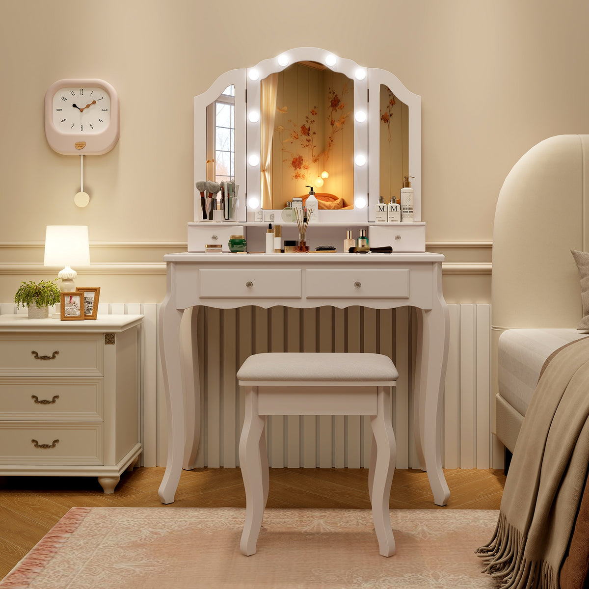 Makeup Vanity Set with Tri-Fold Mirror & Dimmable Lights, Vanity Desk and Cushioned Stool Set with 4 Drawers