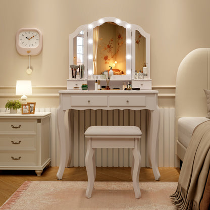 Makeup Vanity Set with Tri-Fold Mirror & Dimmable Lights, Vanity Desk and Cushioned Stool Set with 4 Drawers