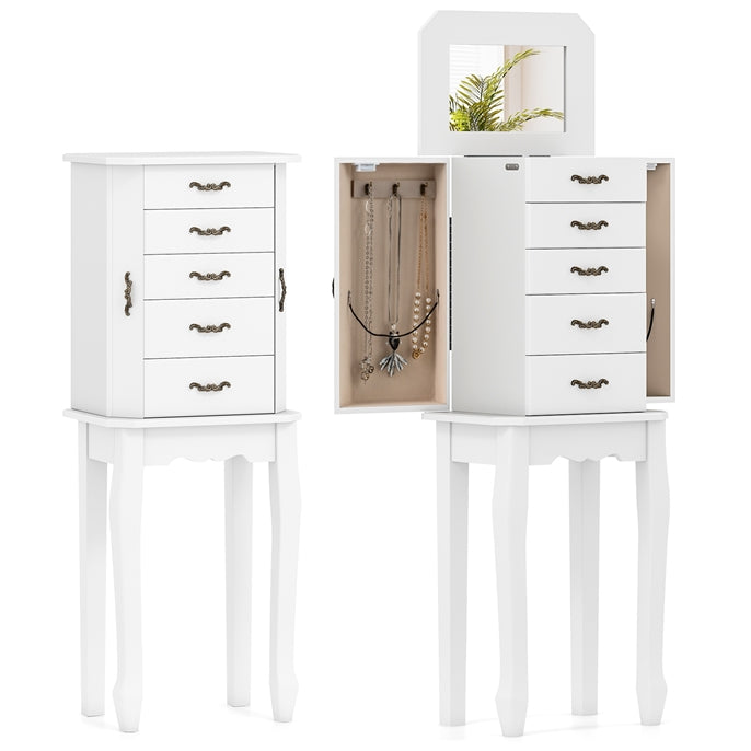 Jewelry Armoire Cabinet with Flip Top Mirror, Standing Jewelry Chest, Top Storage Tray