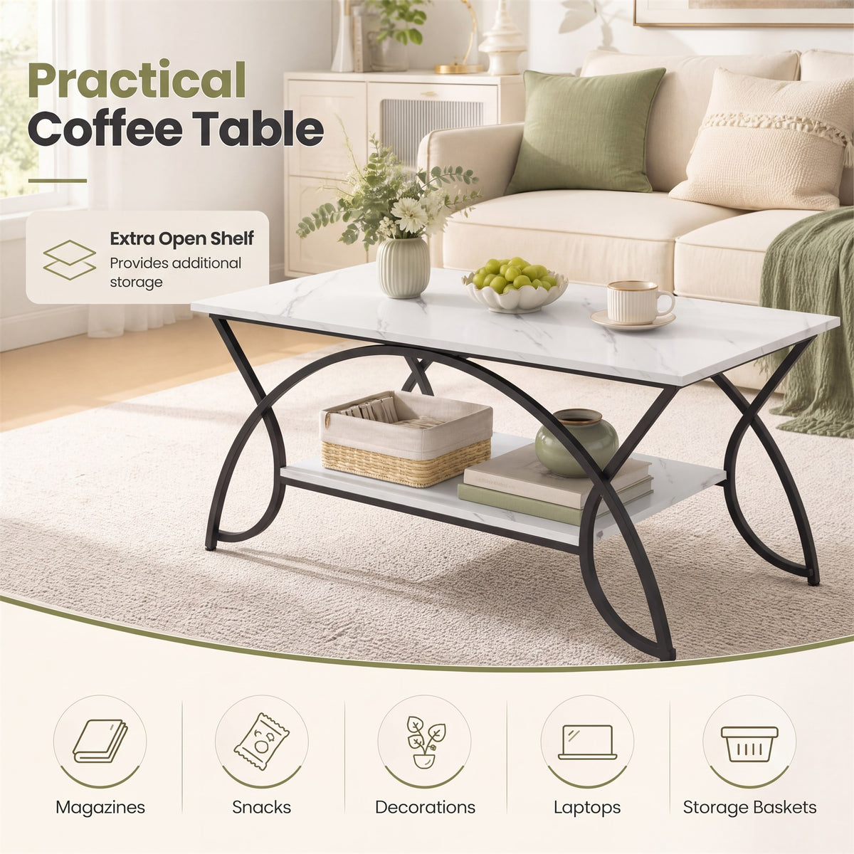 Industrial Coffee Table, 2-Tier Rectangular Center Table with Storage Shelf