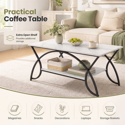 Industrial Coffee Table, 2-Tier Rectangular Center Table with Storage Shelf