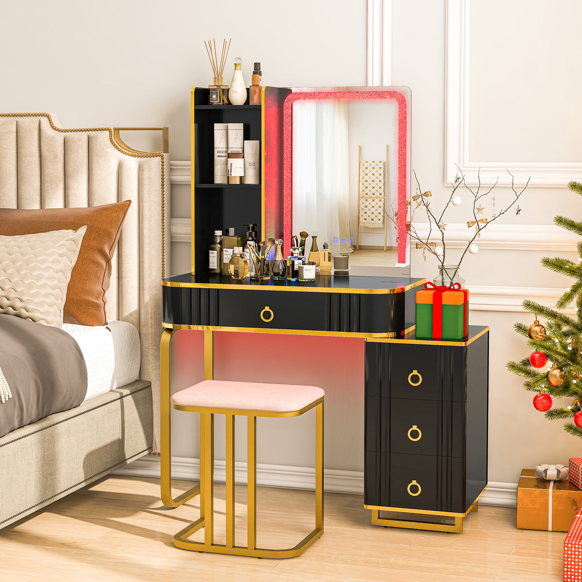 RGB Vanity Table Set with Mirror and Lights, Makeup Vanity Desk with Dimmable LED Lights