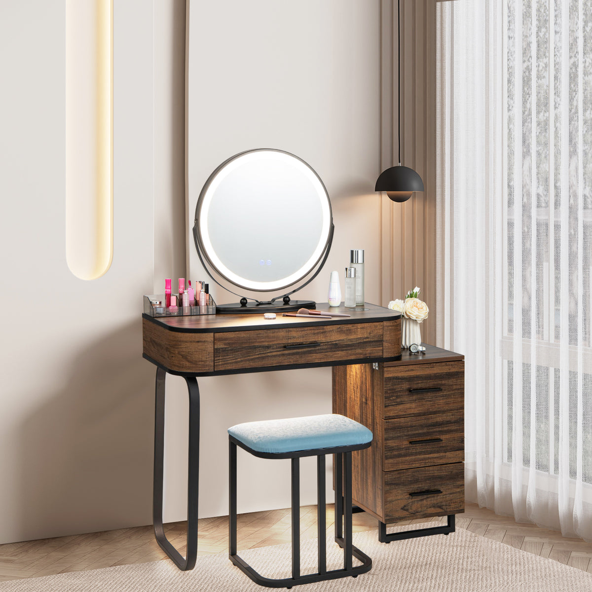 Vanity Table Set with 3-Color Lighted Swivel Touch Screen Mirror, Dressing Table Set with Human Body Induction