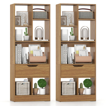 6-Tier Bookcase with Drawer, 51” Tall Bookshelf with 7 Open Cubes, Wooden