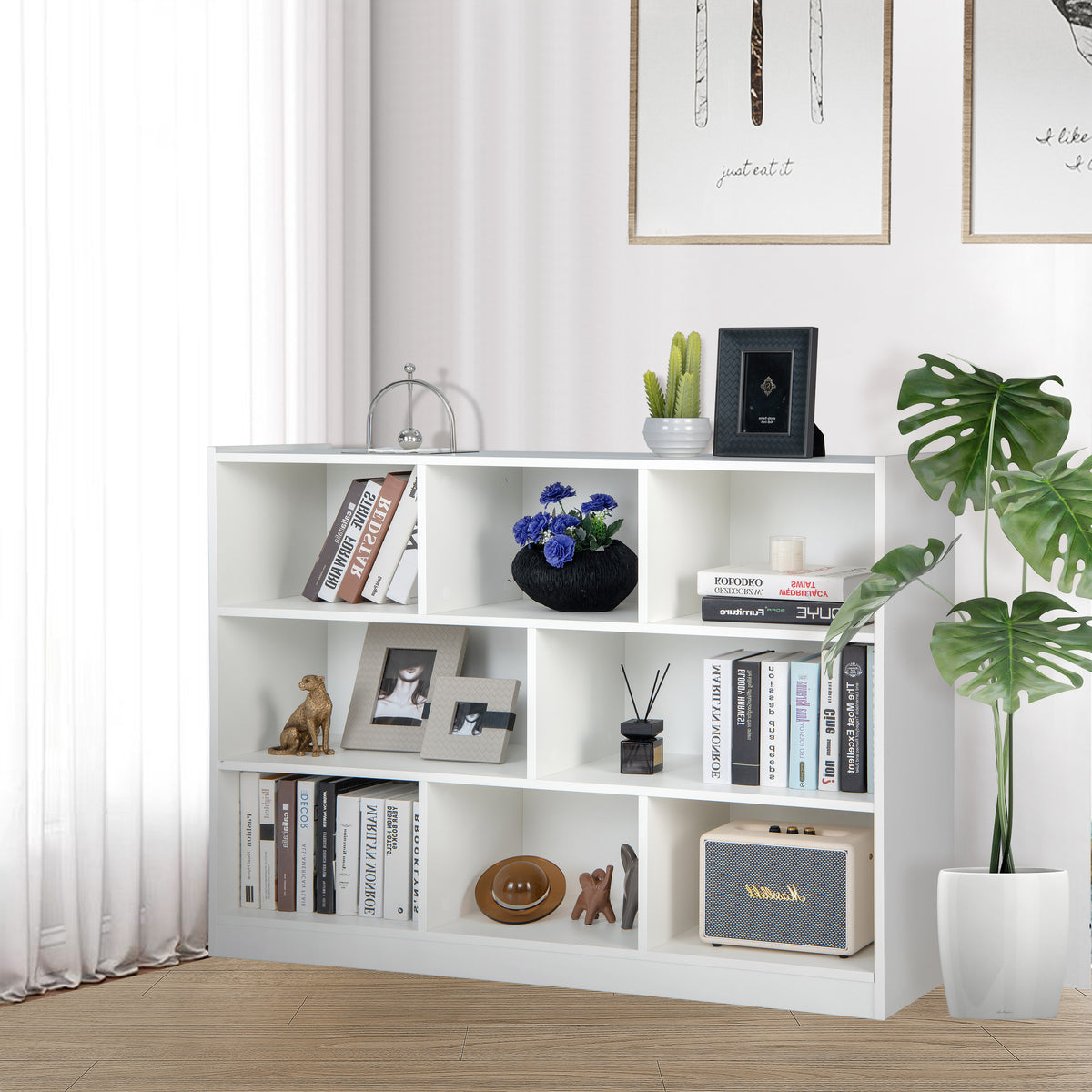 8 Cube Storage Shelf Organizer, 3-Tier Wooden Open Bookshelf, Cabinet Table