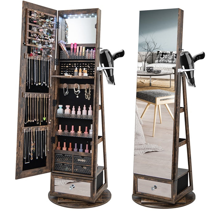 360 Rotating Jewelry Cabinet with Full Length Mirror, Standing LED Jewelry Armoire