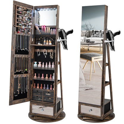 360 Rotating Jewelry Cabinet with Full Length Mirror, Standing LED Jewelry Armoire