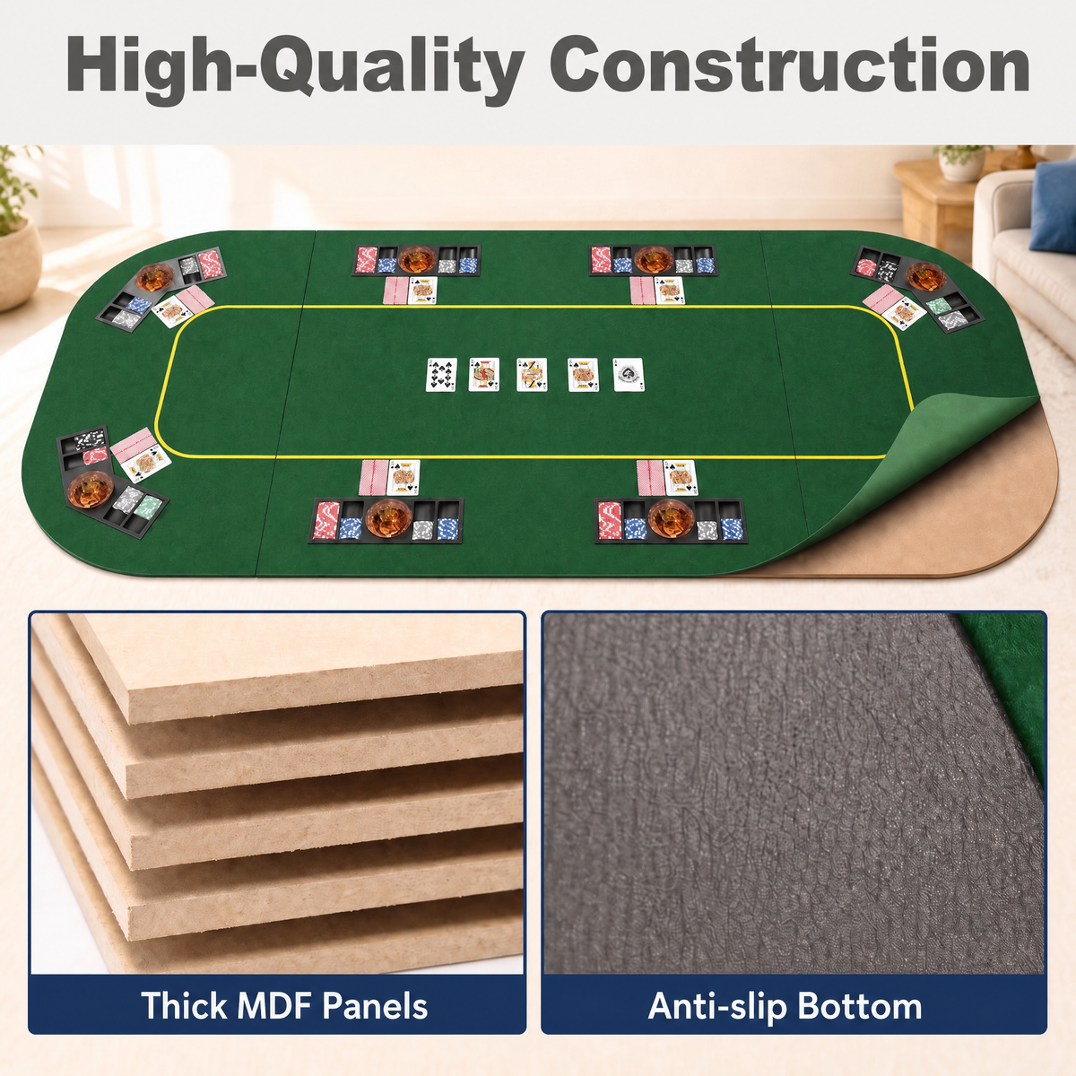 8-Player Square Poker Table Top, 79” x 36” Folding Casino Texas Hold’em Game Board w/Cup Holders & Chip Trays