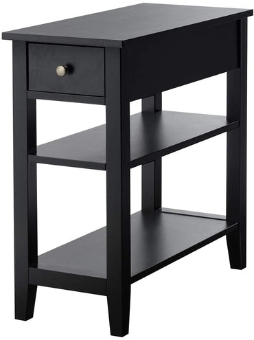 Narrow Side Table, 3-Tier Bedside Table with Drawer & 2 Open Storage Shelves