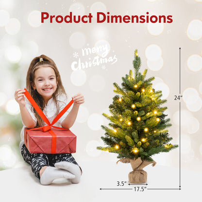 2FT Pre-Lit Artificial Mini Christmas Tree, Small Tabletop Xmas Fir Tree with 234 Branch Tips
