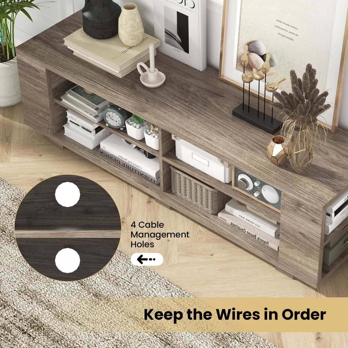 TV Stand for TVs up to 65 Inches, Modern Media Entertainment Center with 4 Open Storage Shelves and 4 Side Storage Shelves