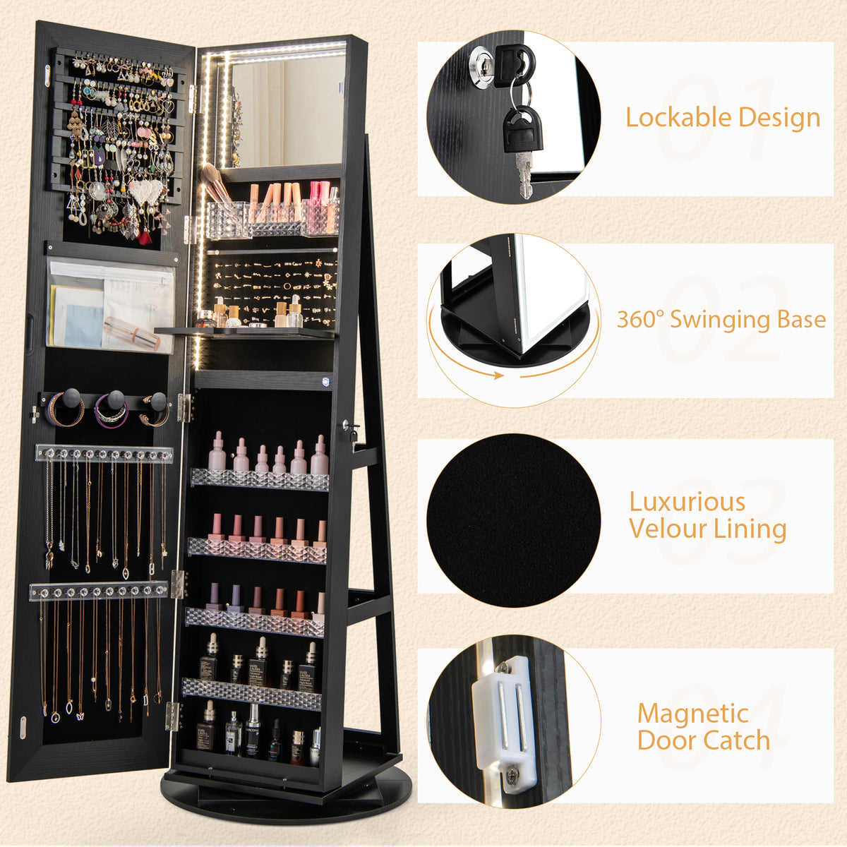 360° Swivel Jewelry Cabinet Armoire with Full Length Mirror, Standing Jewelry Storage Organizer with Rear Storage Shelves