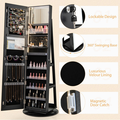 360° Swivel Jewelry Cabinet Armoire with Full Length Mirror, Standing Jewelry Storage Organizer with Rear Storage Shelves