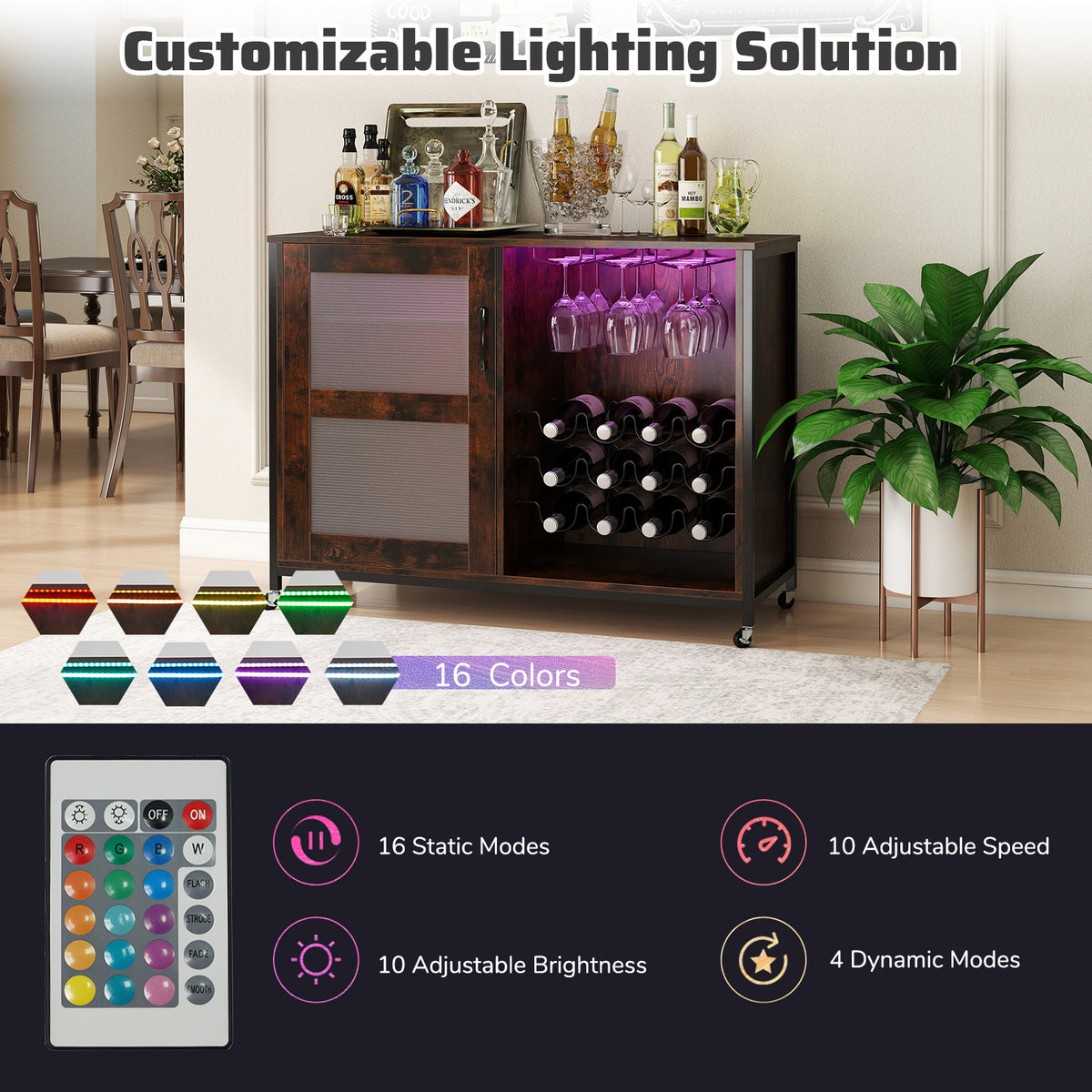 Wine Bar Cabinet with Wheels and LED Lights, Industrial Coffee Bar Cabinet for Liquor