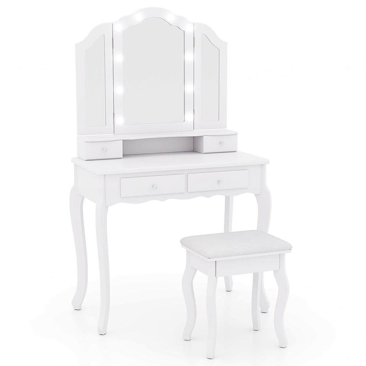 Makeup Vanity Set with Tri-Fold Mirror & Dimmable Lights, Vanity Desk and Cushioned Stool Set with 4 Drawers