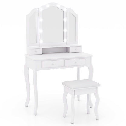 Makeup Vanity Set with Tri-Fold Mirror & Dimmable Lights, Vanity Desk and Cushioned Stool Set with 4 Drawers