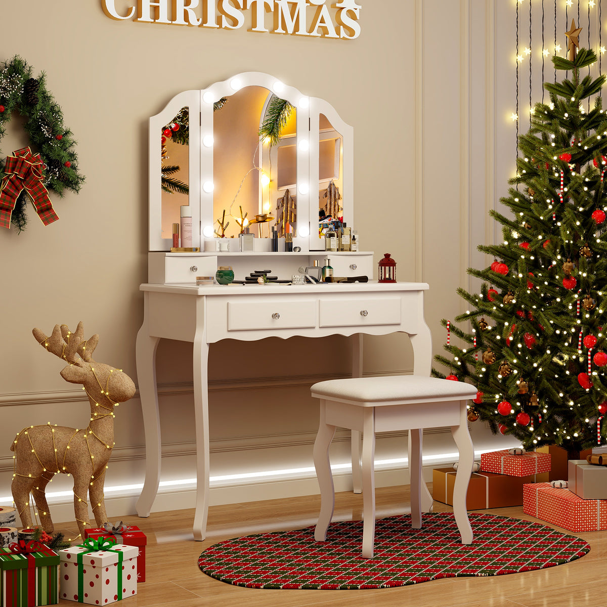 Makeup Vanity Set with Tri-Fold Mirror & Dimmable Lights, Vanity Desk and Cushioned Stool Set with 4 Drawers
