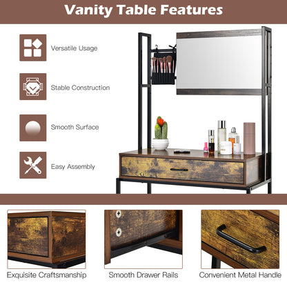 Industrial Vanity Table with 3-Position Adjustable Mirror, Makeup Dressing Table with Cosmetic Brush Pouch and 1 Large Drawer