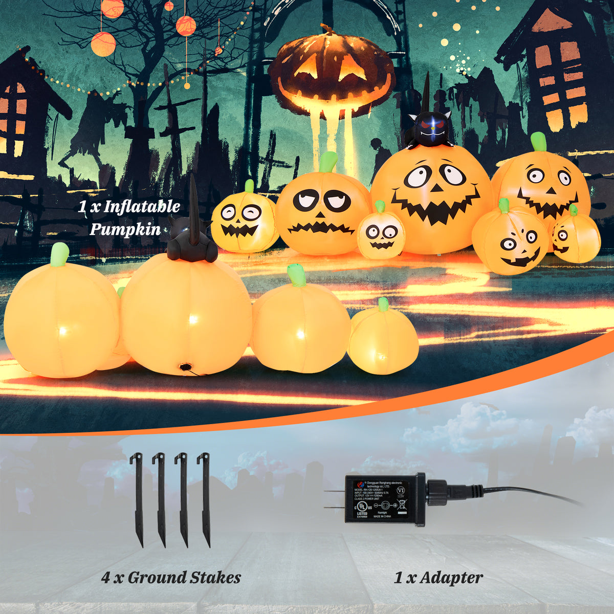 8FT Long Halloween Inflatable Pumpkin, 4 Pumpkins Patch Halloween Decoration with Black Cat and Built-in LED Lights