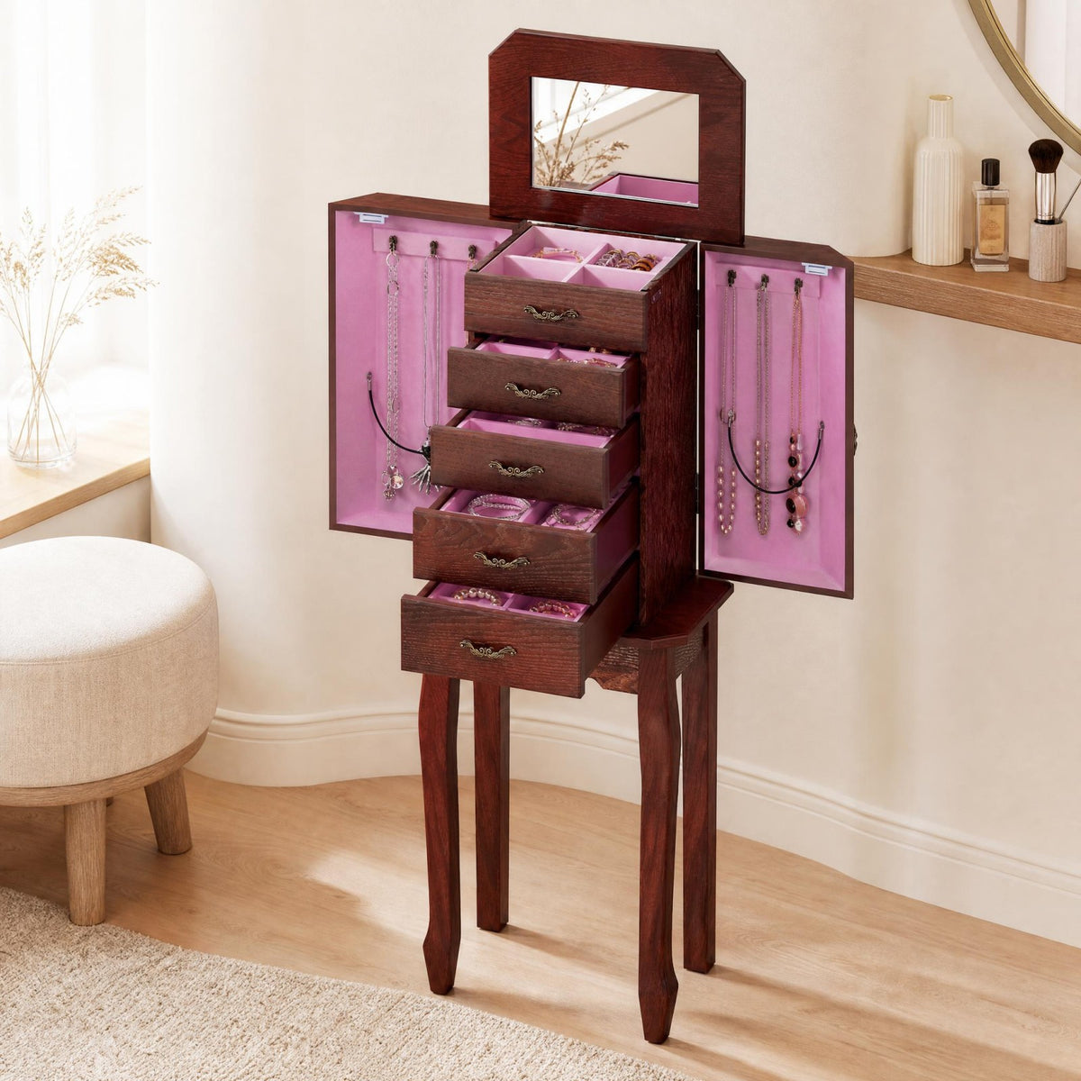 Jewelry Armoire Cabinet with Flip Top Mirror, Standing Jewelry Chest, Top Storage Tray