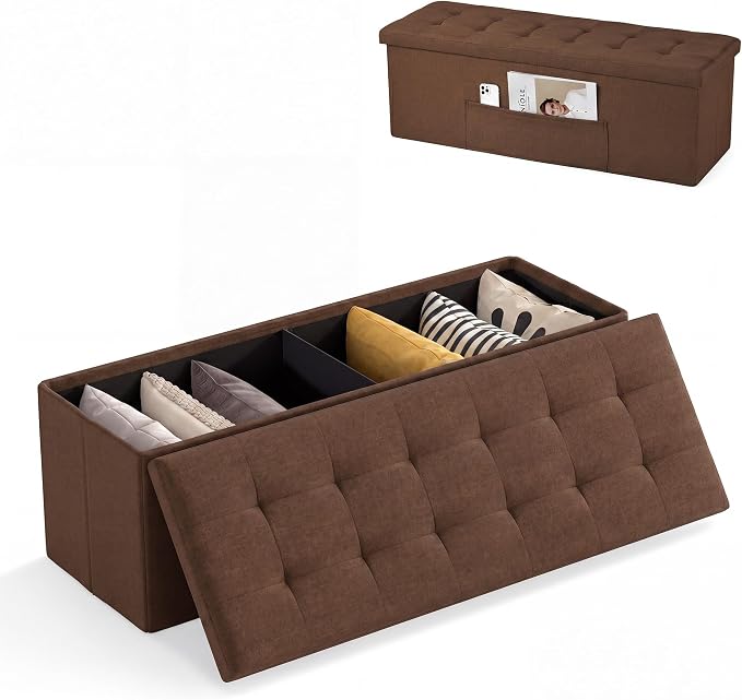 Goflame 43 Inches Folding Storage Ottoman Bench Upholstered Storage Chest with Side Pocket