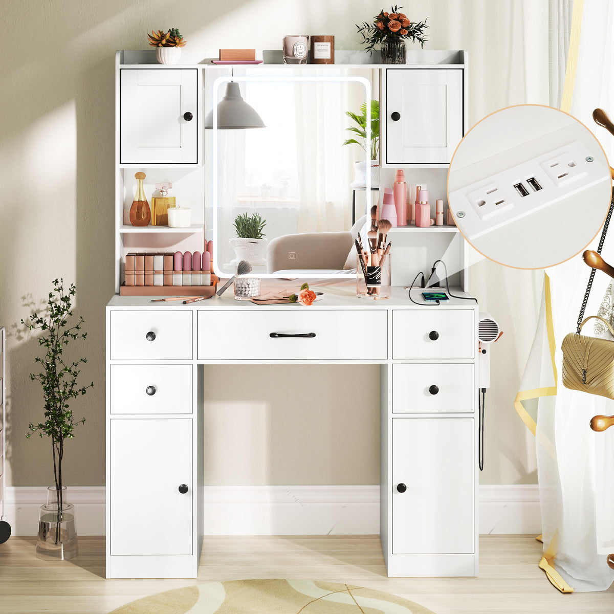 Makeup Vanity Desk with Mirror and Lights, Dressing Table with Charging Station