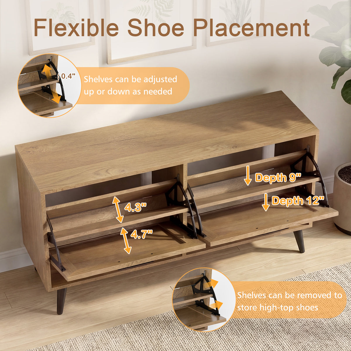 Rattan Shoe Storage Cabinet with 2 Flip Drawers, Hidden Shoe Storage Organizer with Adjustable Shelves and Metal Legs