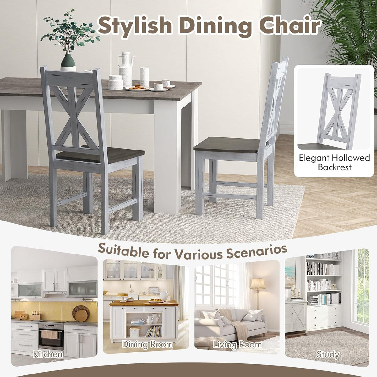 Goflame Retro Wooden Dining Chairs Set, Farmhouse Kitchen Chairs w/Rubber Wood Frame, Elegant Hollowed Backrest