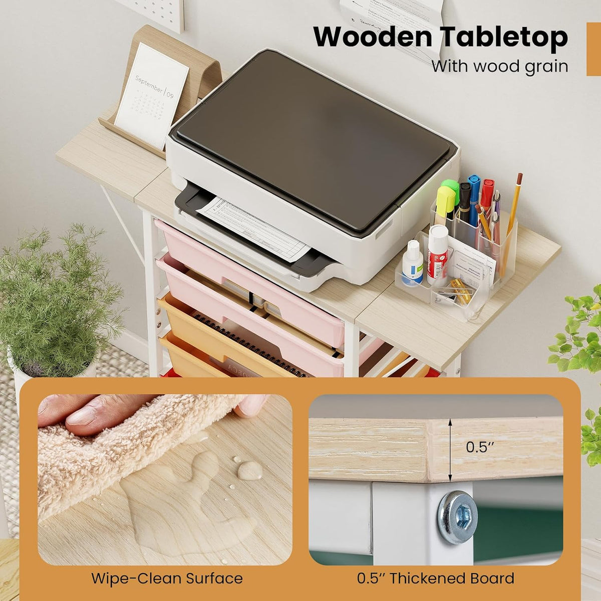 GOFLAME Rolling Storage Cart with Foldable Wooden Top