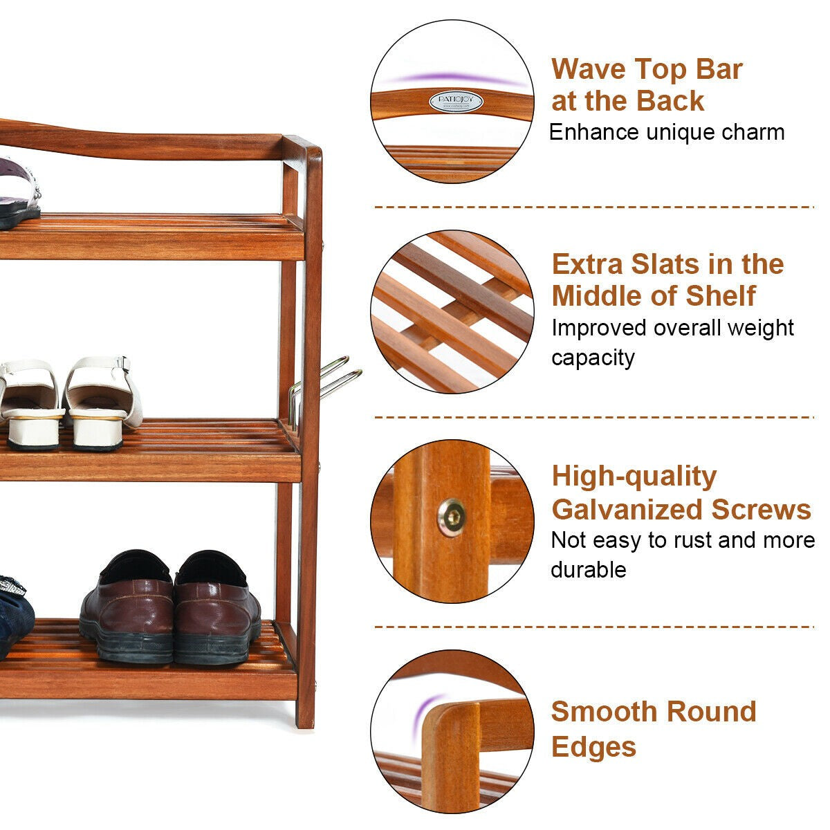 Goflame 3-Tier Wood Shoe Rack 4 Metal Side Hangers, 29"L x10.5"Wx 24.5"H