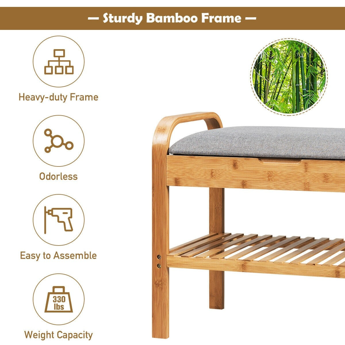 Goflame Shoe Rack Bench with Storage, Bamboo Storage Bench with Cushioned Seat, Holds Up to 330 LBS