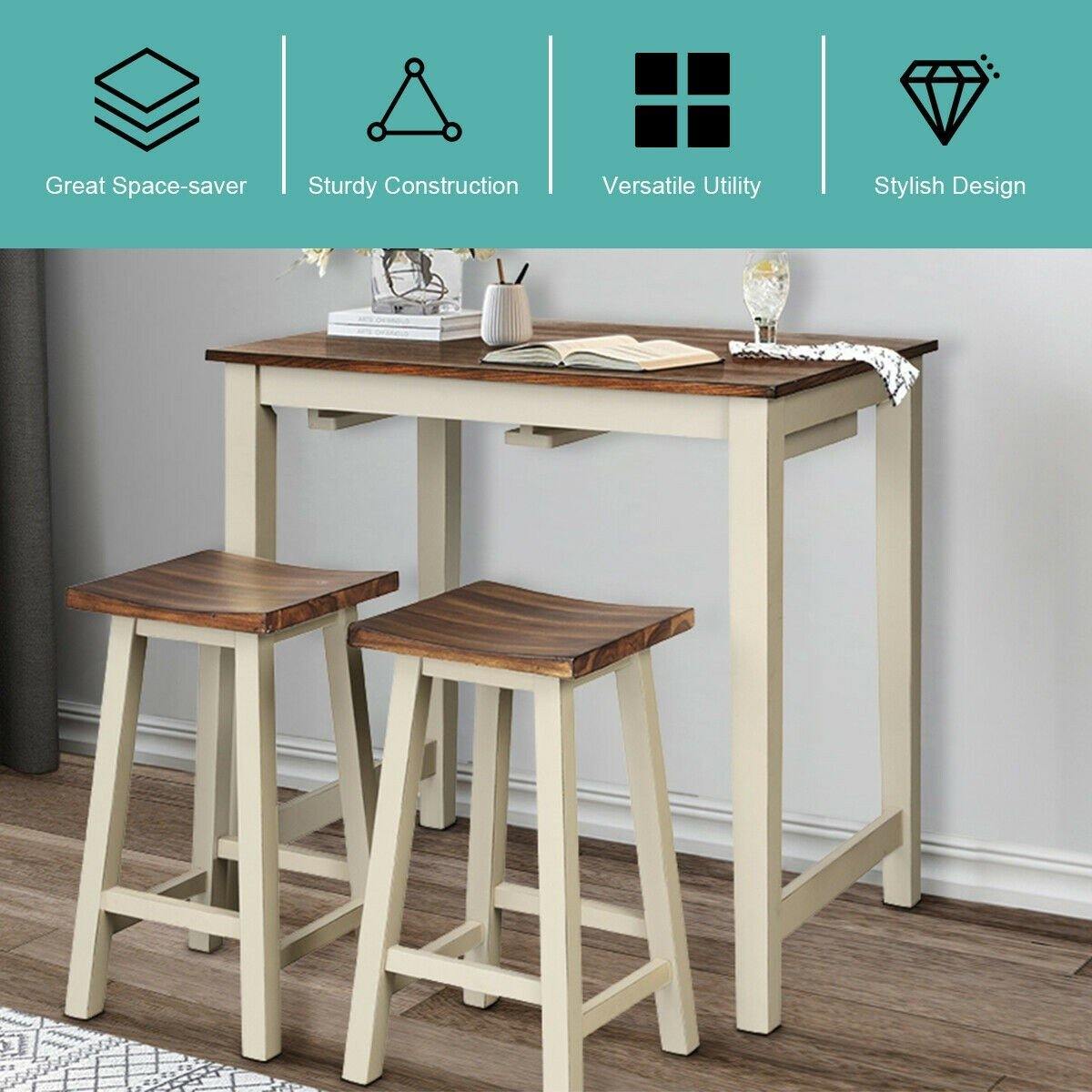 3 Piece Pub Dining Set, Counter Height Pub Table with 2 Saddle Bar Stools, Tavern Collection Table (Brown & Milky White) - Goflameus