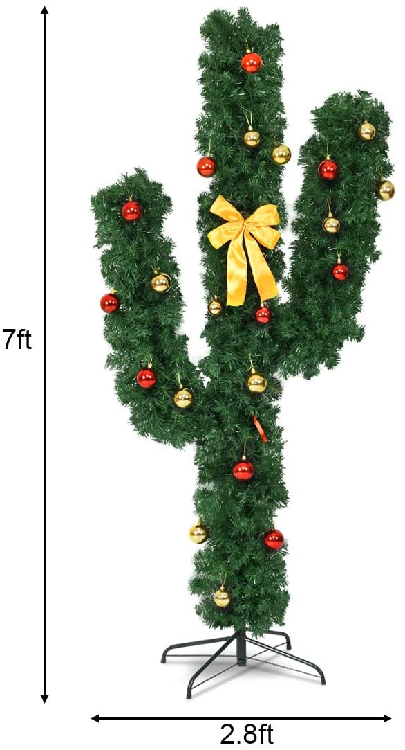 Pre-Lit Artificial Cactus Christmas Tree with LED Lights and Ball Ornaments - Goflame