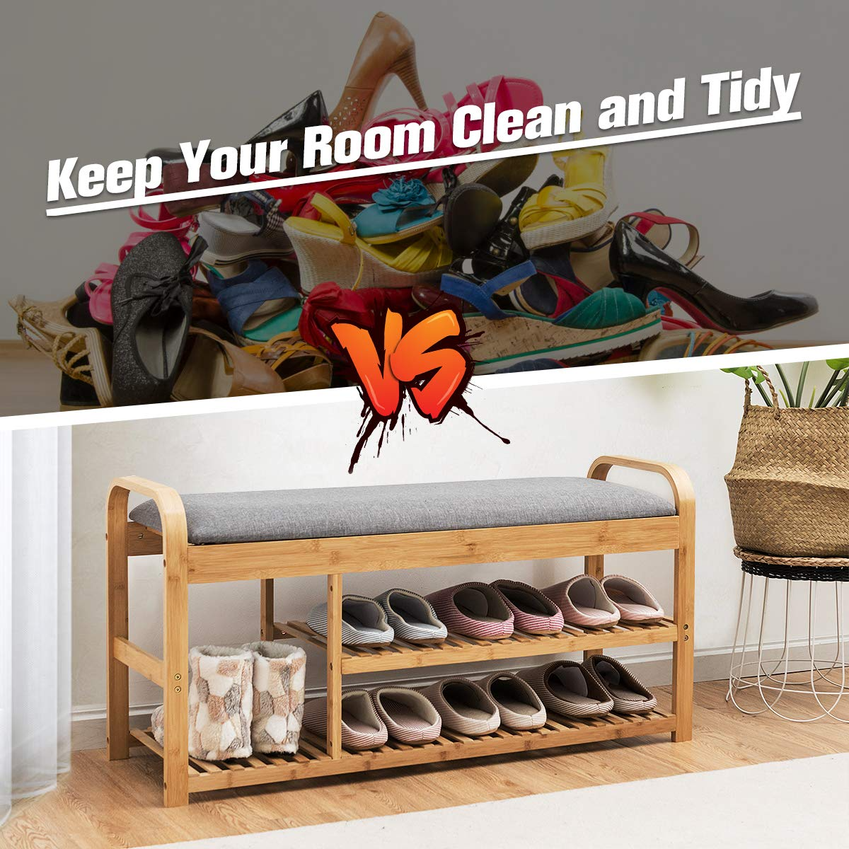 Goflame Shoe Rack Bench, Entryway 3-Tier Bamboo Shoe Organizer with Cushion (Natural and Grey)