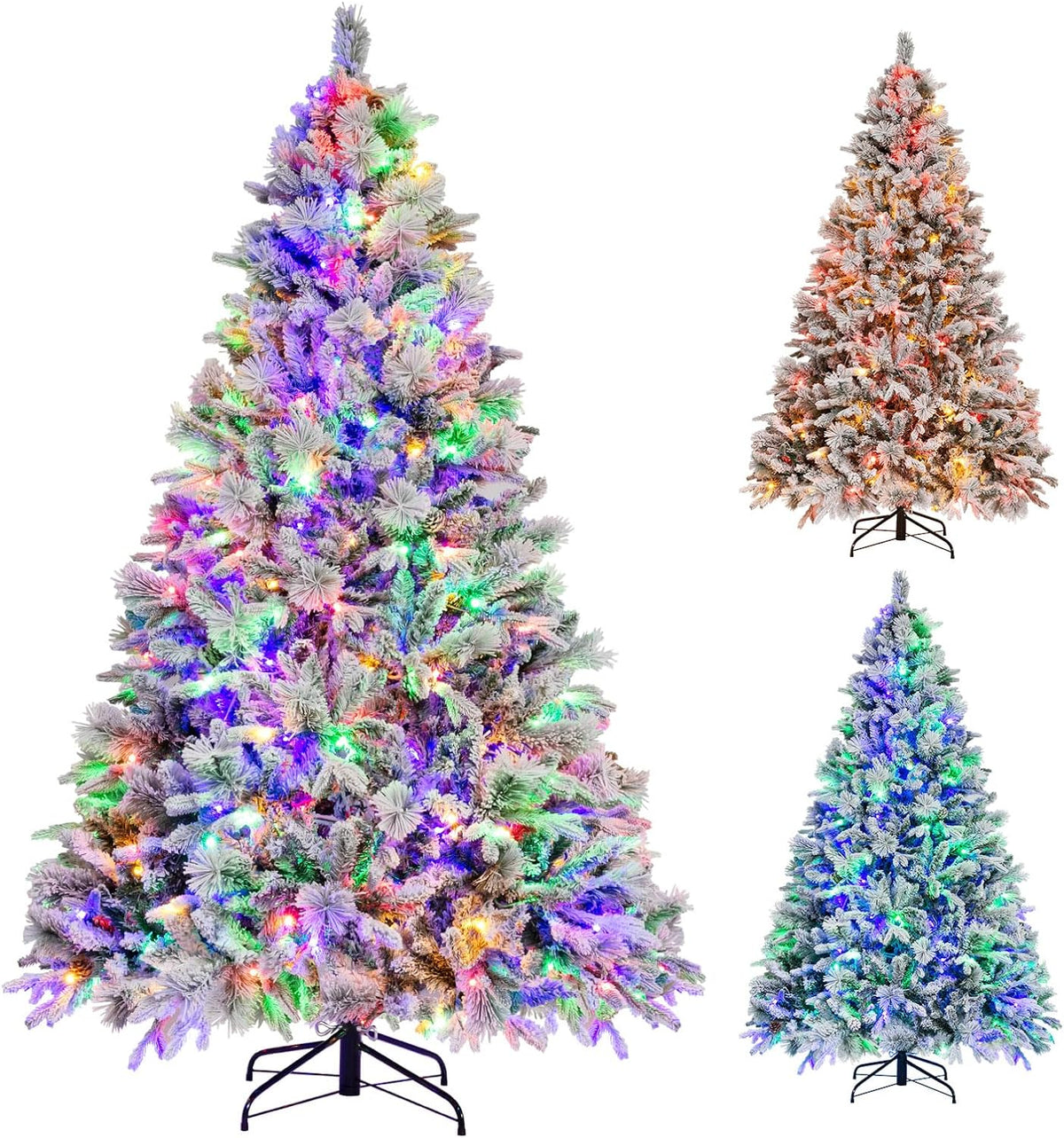 Goflame Pre-Lit Snow Flocked Christmas Tree, Artificial Hinged Xmas Tree with 160 Multi-Color LED Lights