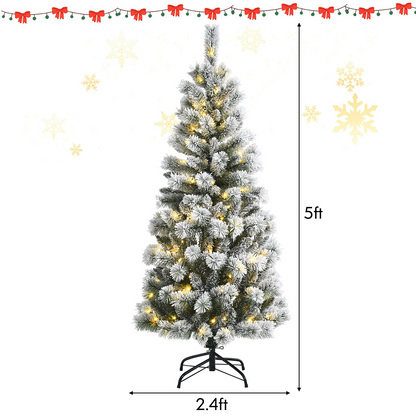 Goflame 5ft Pre-lit Snow Flocked Christmas Tree, Premium Hinged Artificial Pine Tree w/ 9 Lighting Modes & 140 Color Changing LED Lights - GoflameUS