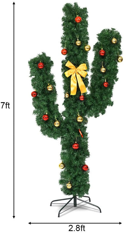 Pre-Lit Artificial Cactus Christmas Tree with LED Lights and Ball Ornaments - Goflame