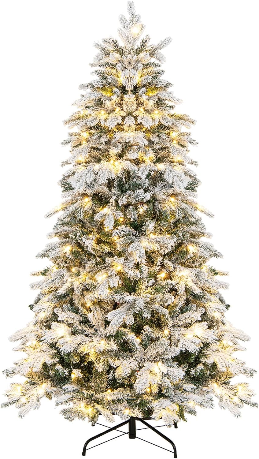 Goflame Pre-Lit Snow Flocked Christmas Tree, Artificial Hinged Xmas Tree with Branch Tips, PE & PVC Mixed Leaves
