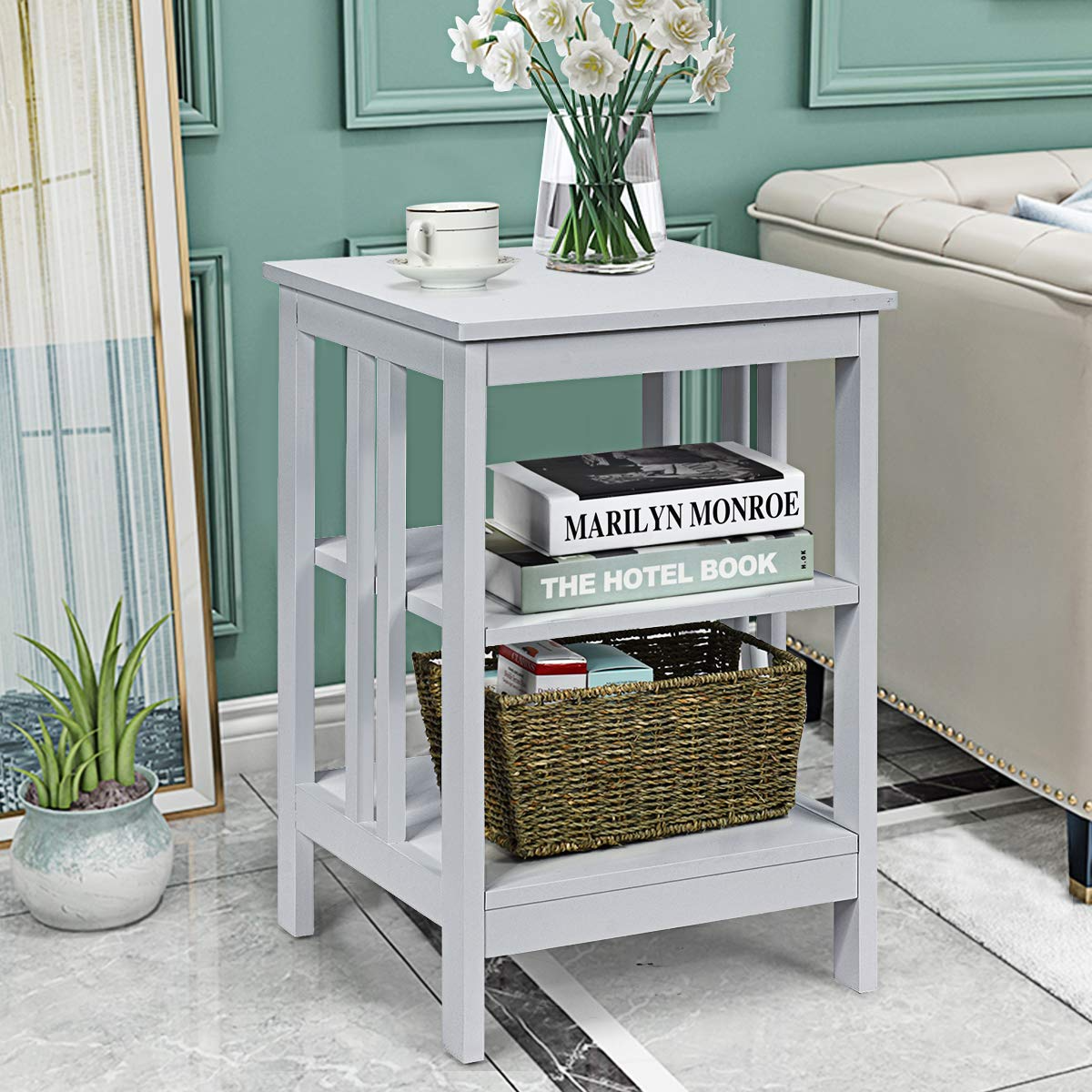 Goflame Nightstand 3-Tier Sofa Side Table W/Reinforced Bars and Stable Structure