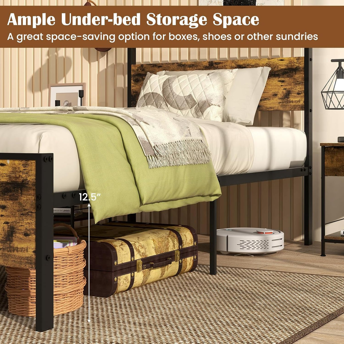 Goflame Twin Size/Full Size/King Size/Queen Metal Platform Bed Frames with Wooden Headboard & Footboard