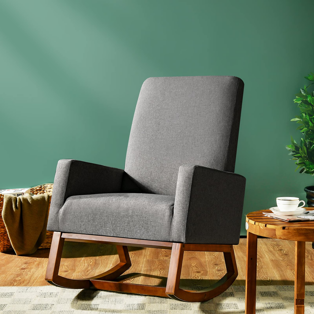 Goflame Upholstered Rocking Chair, Modern Fabric Armchair w/Wood Base