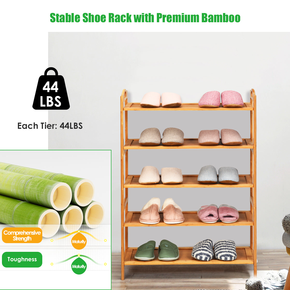 Bamboo Shoe Rack 5 Tier, Freestanding Shoe Rack - Goflameus