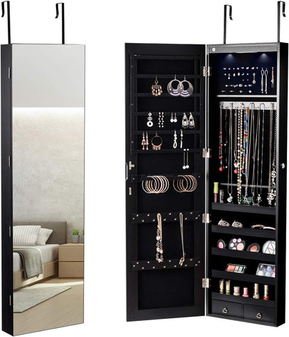 Jewelry Cabinet Wall Door Mounted, 47.5” Frameless Full Length Mirror with Storage & LED Lights