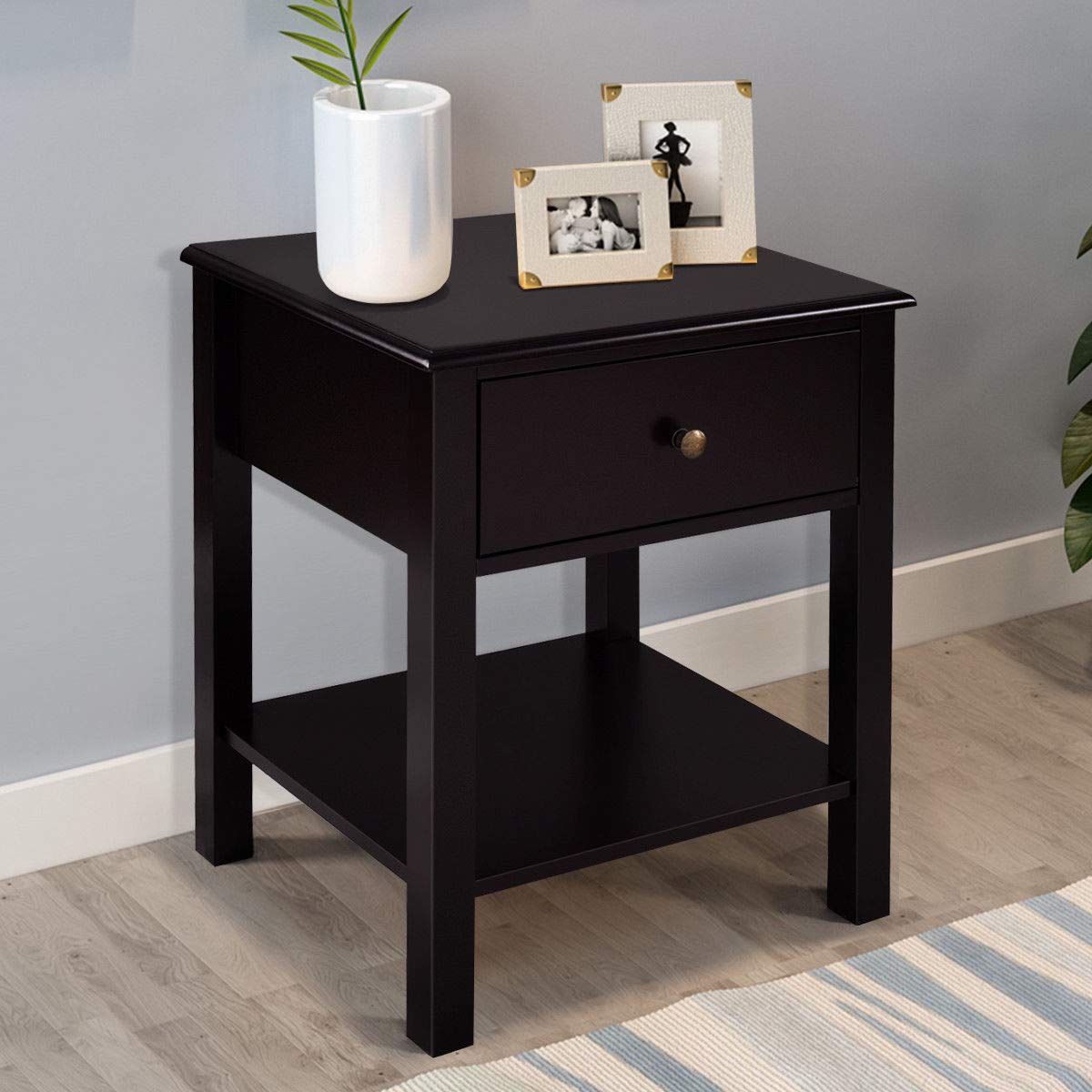 Goflame Nightstand W/Drawer and Shelf, Stable Frame Storage Cabinet