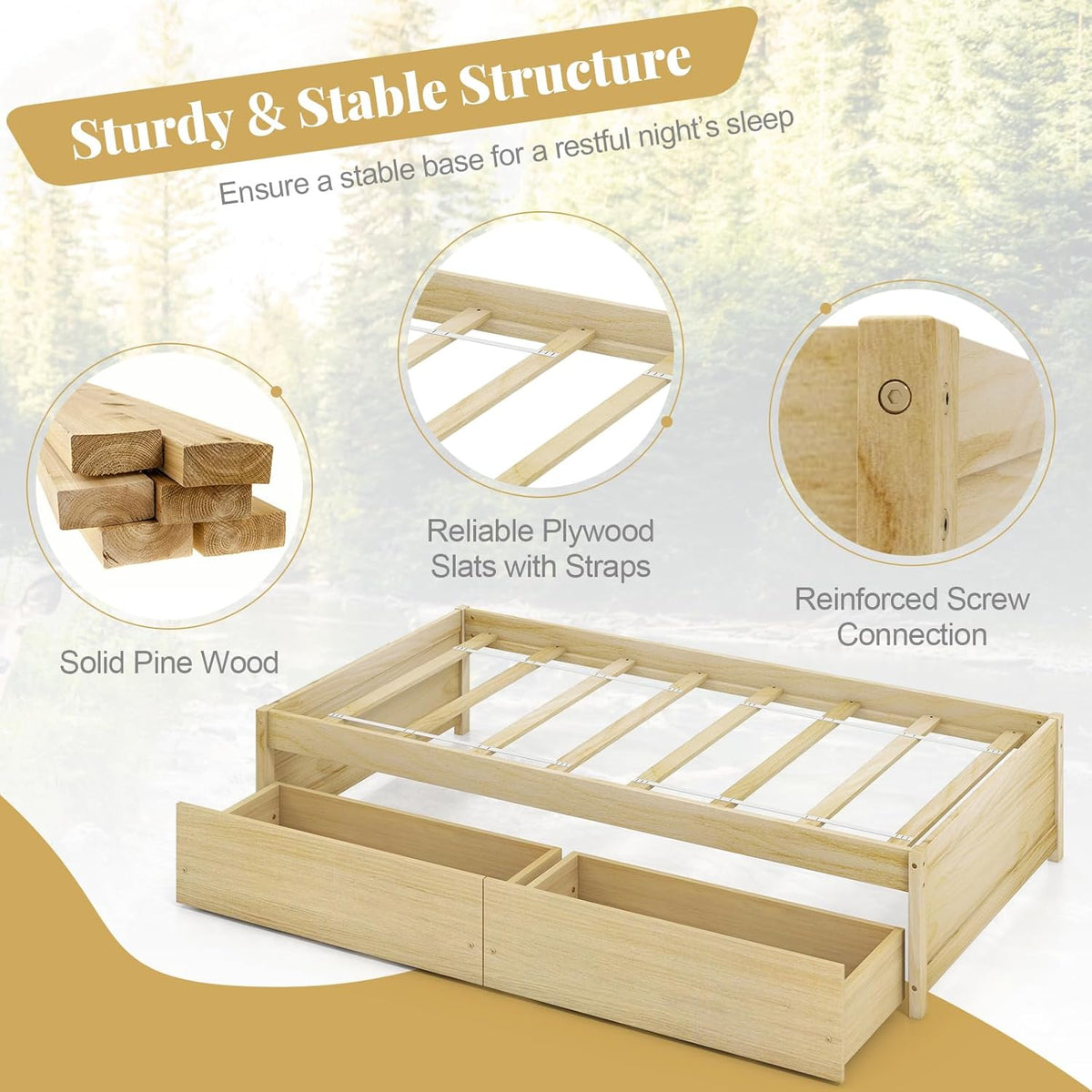Goflame Queen/Full/Twin Size Bed Frame with 2 Storage Drawers, Solid Wood Platform Bed with Slats Support