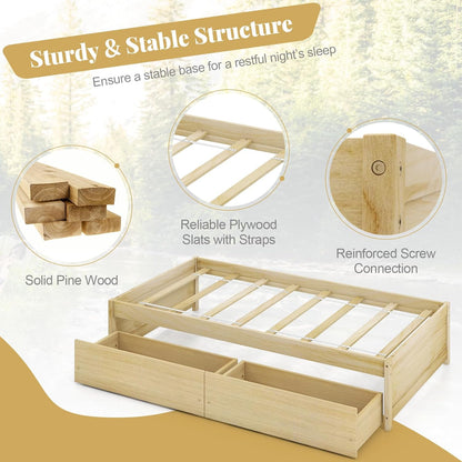 Goflame Queen/Full/Twin Size Bed Frame with 2 Storage Drawers, Solid Wood Platform Bed with Slats Support